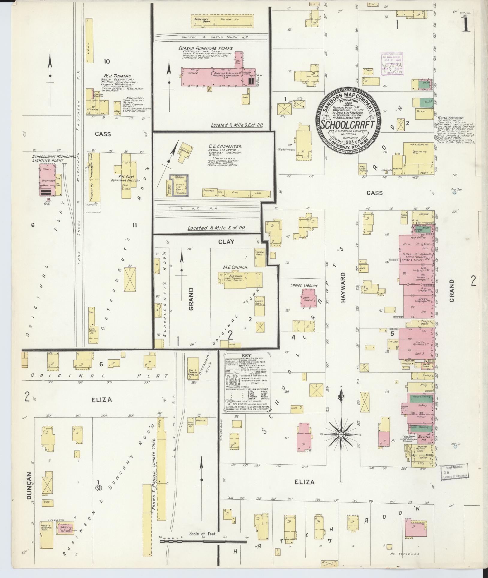 Sanborn Fire Insurance Map from Schoolcraft, Kalamazoo County, Michigan (1908), Sheet #0001 - Historic Sanborn Fire Insurance Map Print, vintage old map wall art, antique decor, genealogy gift, Michigan Michigan map
