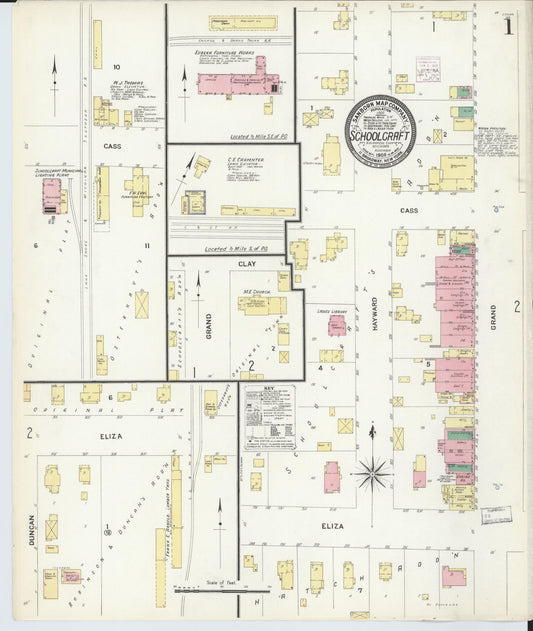 Sanborn Fire Insurance Map from Schoolcraft, Kalamazoo County, Michigan (1908), Sheet #0001 - Historic Sanborn Fire Insurance Map Print, vintage old map wall art, antique decor, genealogy gift, Michigan Michigan map