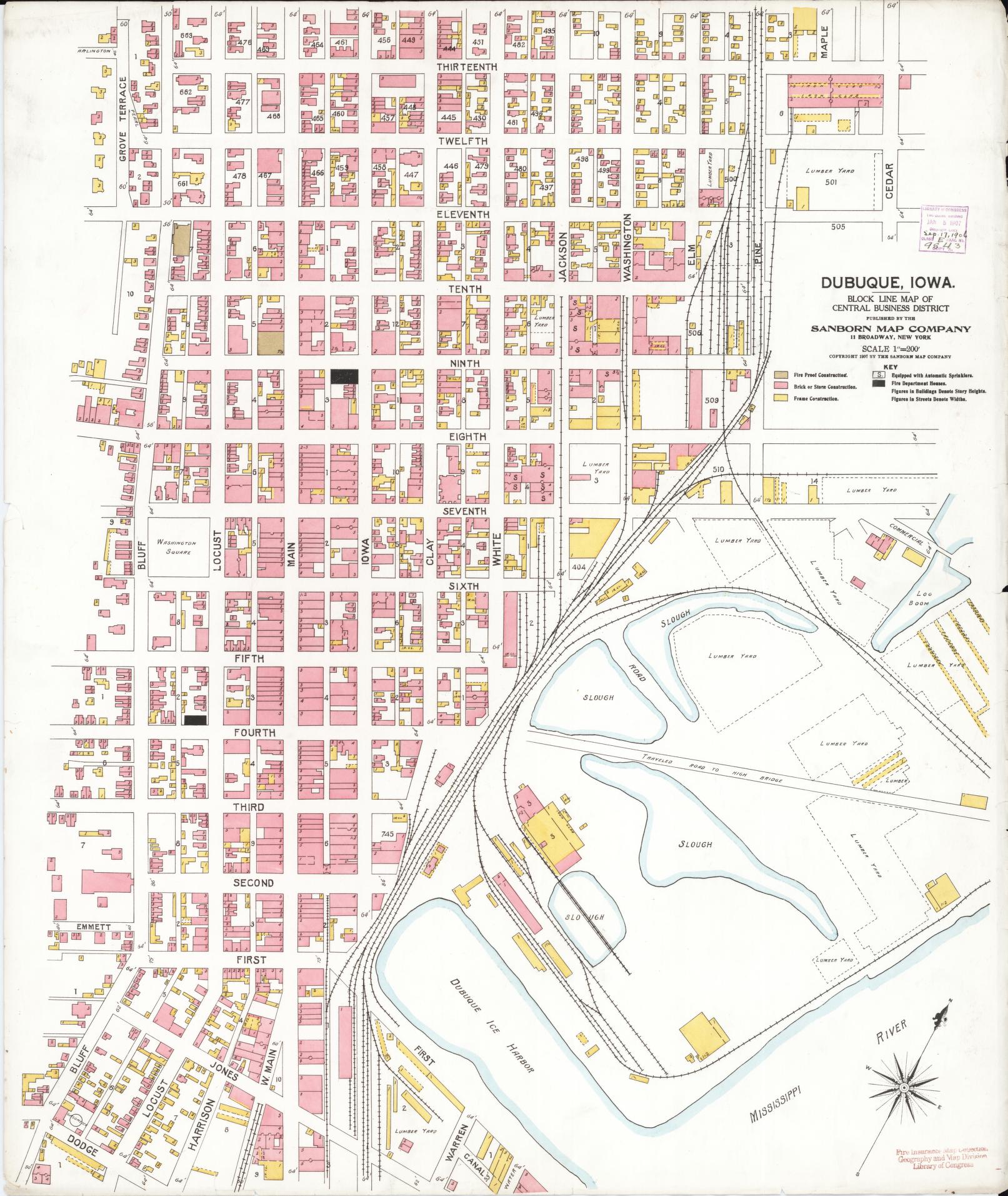 Sanborn Fire Insurance Map from Dubuque, Dubuque County, Iowa (1907), Sheet #0001 - Historic Sanborn Fire Insurance Map Print, vintage old map wall art