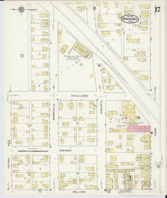Sanborn Fire Insurance Map from Menominee, Menominee County, Michigan (1913), Sheet #0017 - Historic Sanborn Fire Insurance Map Print, vintage old map wall art, antique decor, genealogy gift, Michigan Michigan map