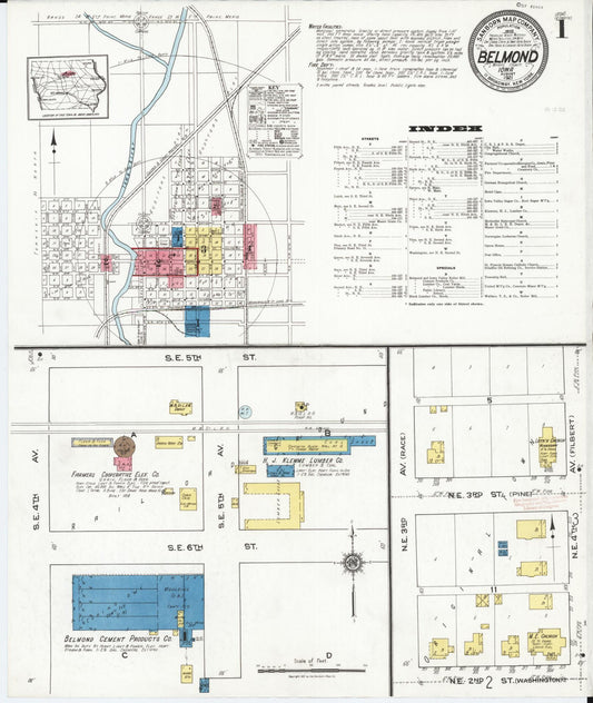 Sanborn Fire Insurance Map from Belmond, Wright County, Iowa (1921), Sheet #0001 - Historic Sanborn Fire Insurance Map Print, vintage old map wall art
