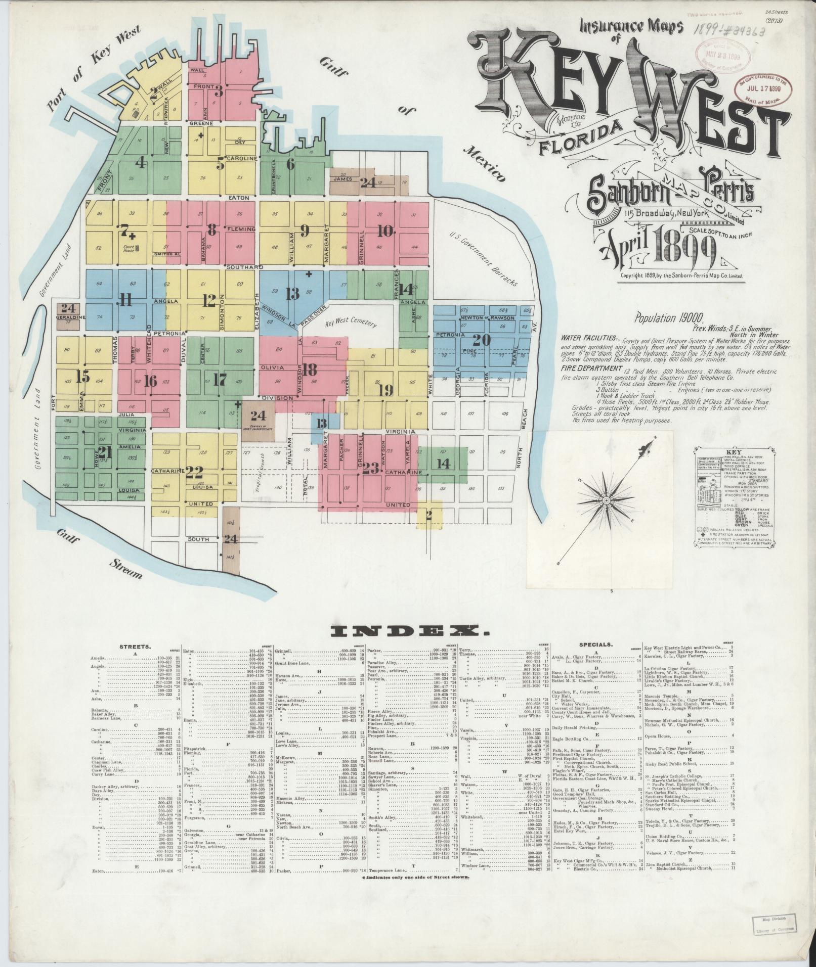 Sanborn Fire Insurance Map from Key West, Monroe County, Florida (1899), Sheet #0001 - Historic Sanborn Fire Insurance Map Print, vintage old map wall art, antique decor, genealogy gift, Florida Florida map