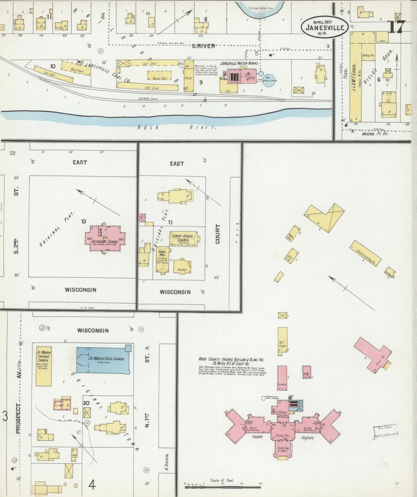 Sanborn Fire Insurance Map from Janesville, Rock County, Wisconsin (1901), Sheet #0017 - Historic Sanborn Fire Insurance Map Print, vintage old map wall art, antique decor, genealogy gift, Wisconsin Wisconsin map