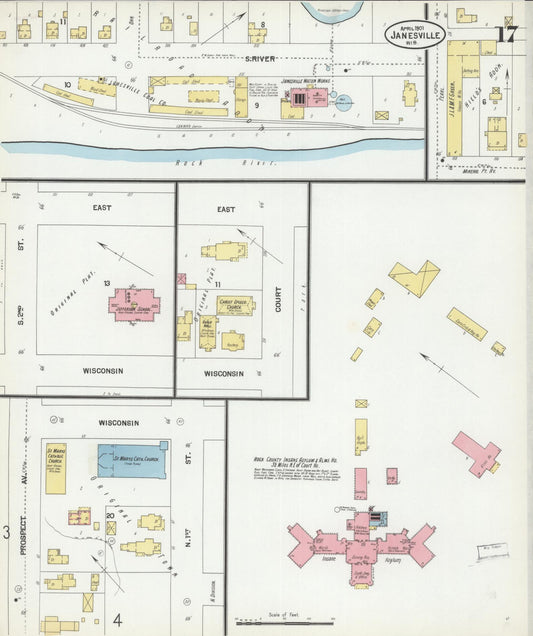 Sanborn Fire Insurance Map from Janesville, Rock County, Wisconsin (1901), Sheet #0017 - Historic Sanborn Fire Insurance Map Print, vintage old map wall art, antique decor, genealogy gift, Wisconsin Wisconsin map