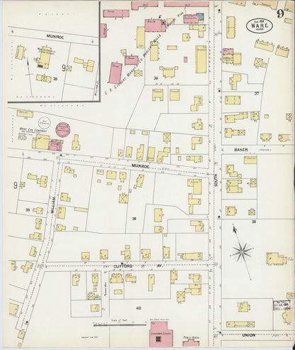 Sanborn Fire Insurance Map from Ware, Hampshire County, Massachusetts (1902), Sheet #0009 - Historic Sanborn Fire Insurance Map Print, vintage old map wall art, antique decor, genealogy gift, Massachusetts Massachusetts map
