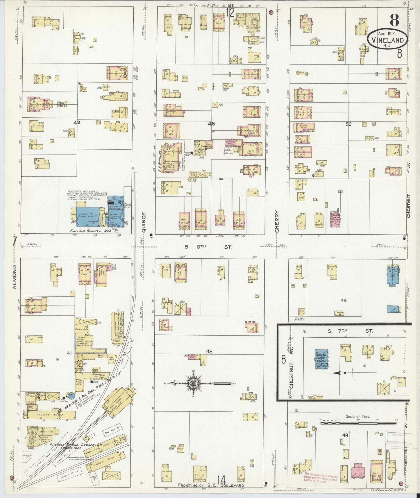 Sanborn Fire Insurance Map from Vineland, Cumberland County, New Jersey (1912), Sheet #0008 - Complete Map Set gallery image, historic Sanborn map, vintage wall art, New Jersey New Jersey