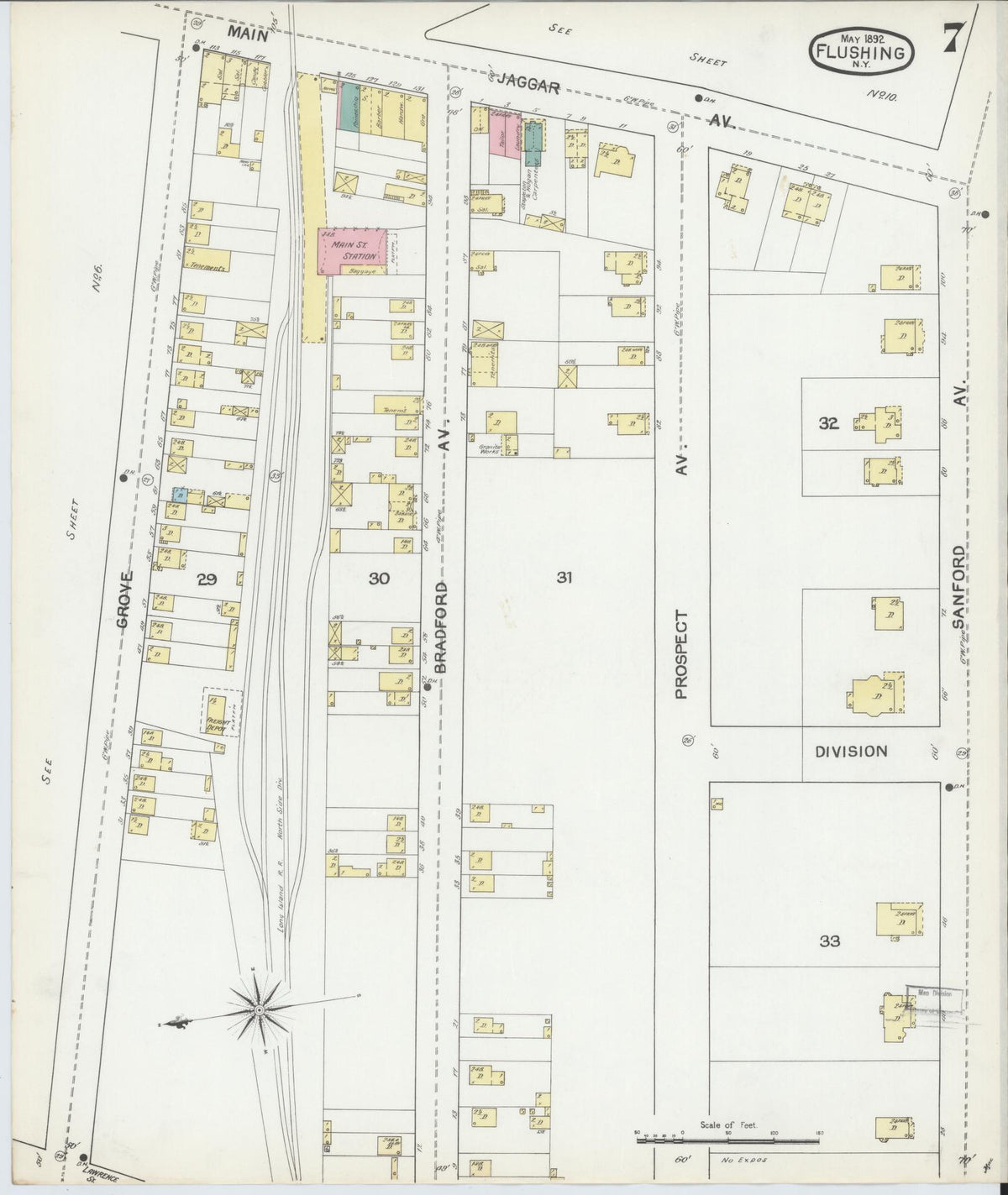 Sanborn Fire Insurance Map from Flushing, Queens County, New York (1892), Sheet #0007 - Historic Sanborn Fire Insurance Map Print, vintage old map wall art, antique decor, genealogy gift, New York New York map