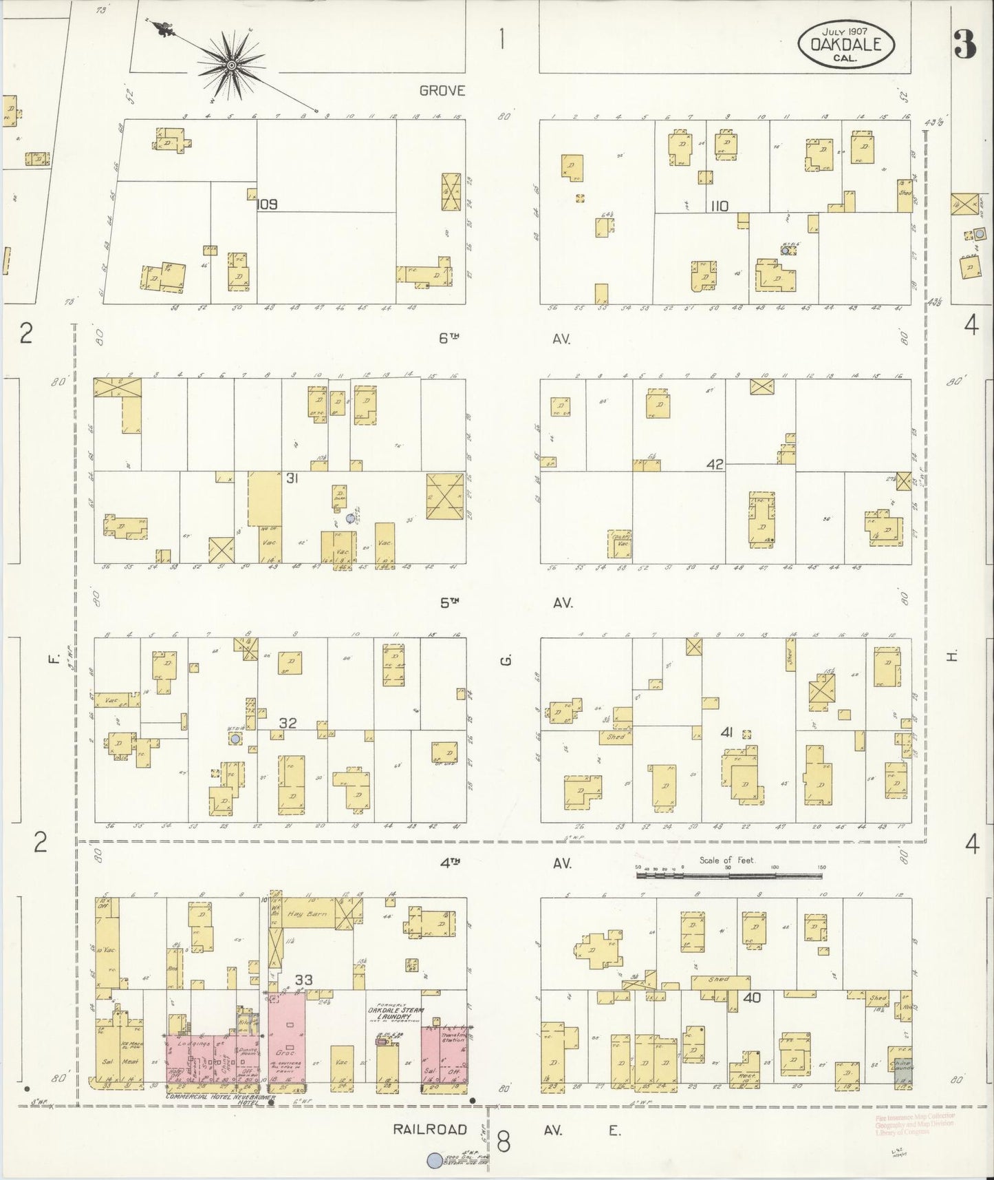 Sanborn Fire Insurance Map from Oakdale, Stanislaus County, California (1907), Sheet #0003 - Historic Sanborn Fire Insurance Map Print, vintage old map wall art, antique decor, genealogy gift, California California map