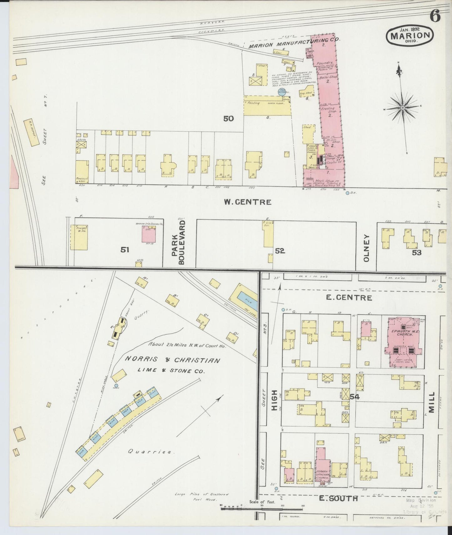 Sanborn Fire Insurance Map from Marion, Marion County, Ohio (1892), Sheet #0006 - Historic Sanborn Fire Insurance Map Print, vintage old map wall art, antique decor, genealogy gift, Ohio Ohio map