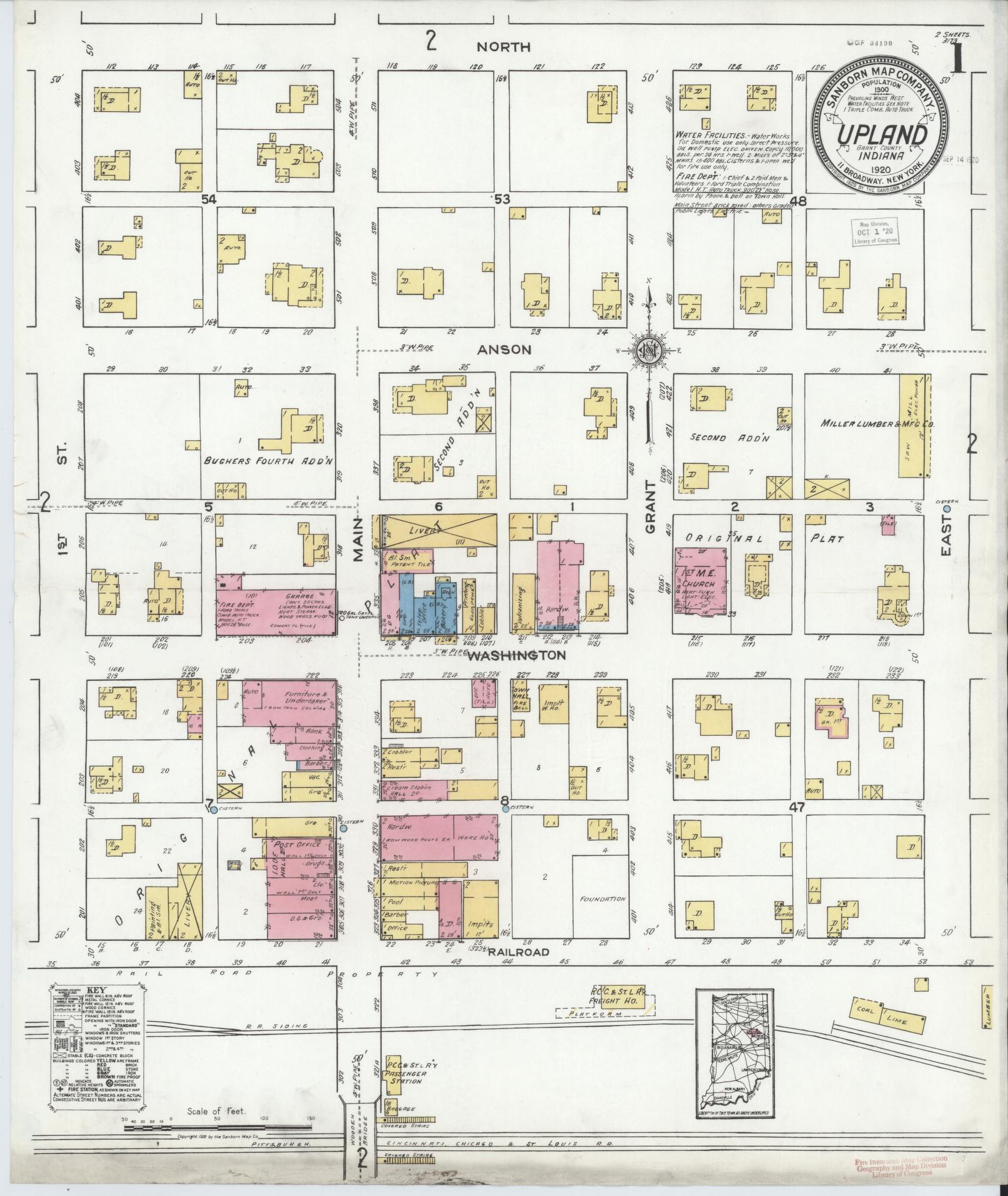 Sanborn Fire Insurance Map from Upland, Grant County, Indiana (1920), Sheet #0001 - Complete Map Set gallery image, historic Sanborn map, vintage wall art, Indiana Indiana