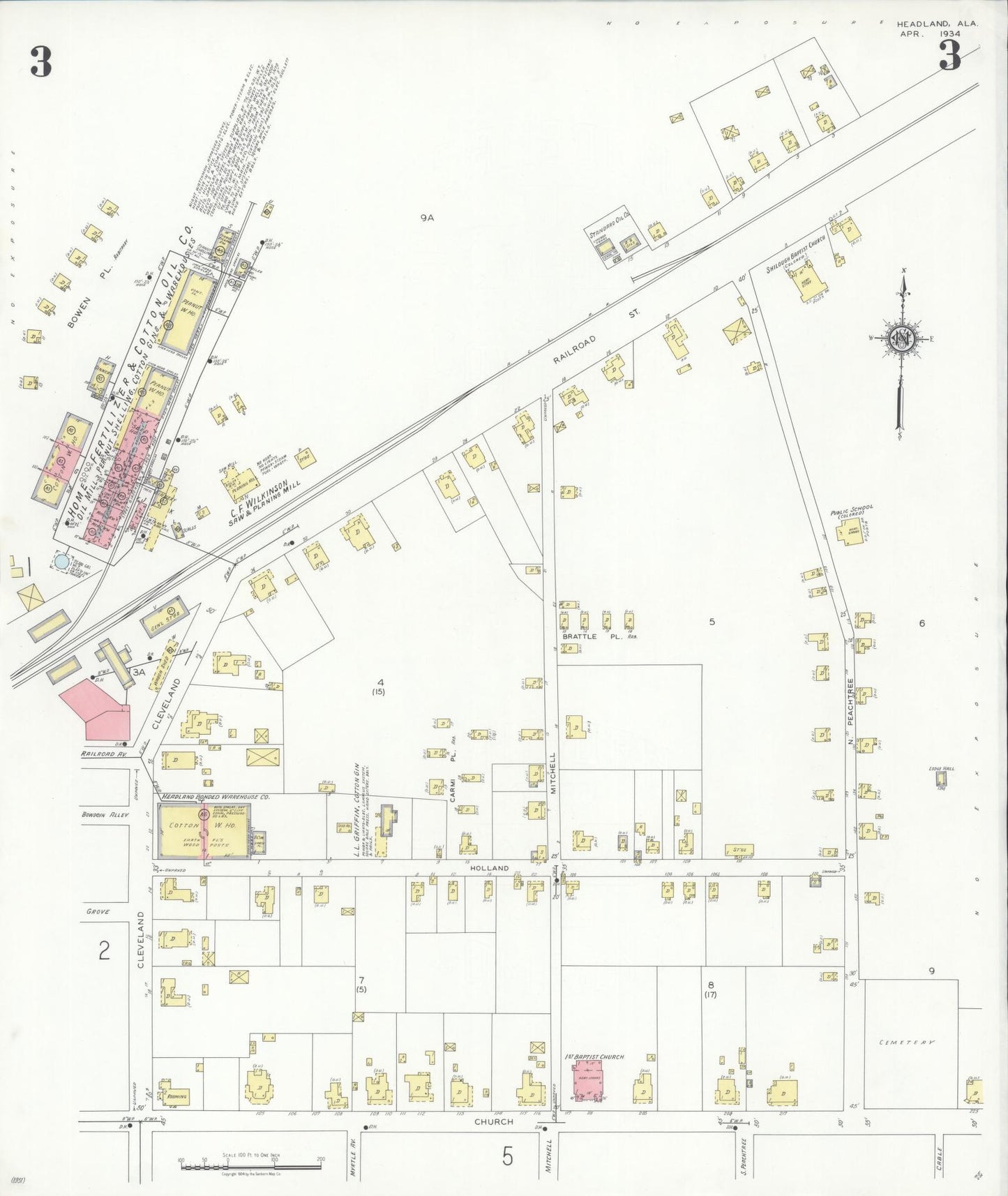 Sanborn Fire Insurance Map from Headland, Henry County, Alabama (1934), Sheet #0003 - Complete Map Set gallery image, historic Sanborn map, vintage wall art, Alabama Alabama