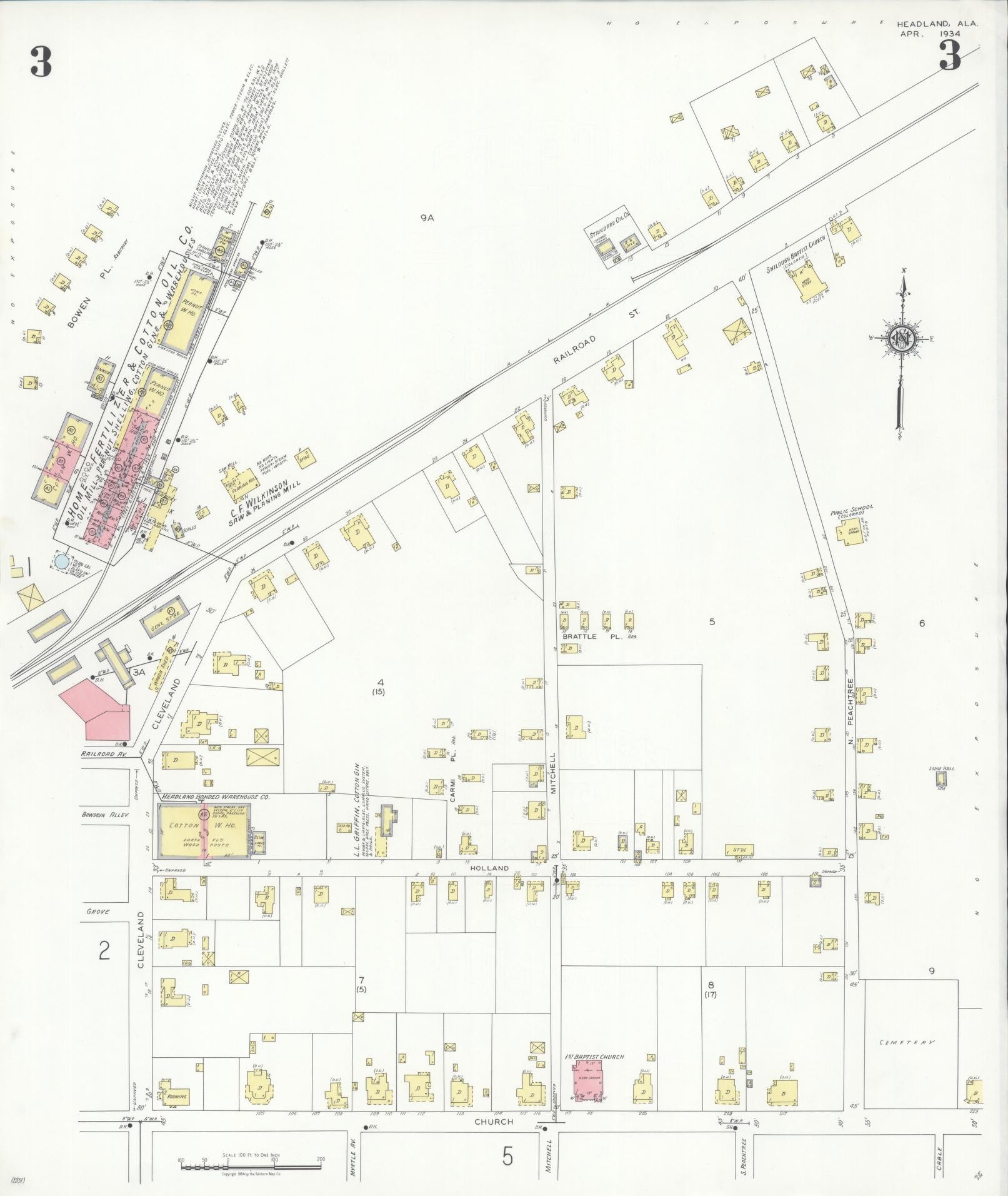 Sanborn Fire Insurance Map from Headland, Henry County, Alabama (1934), Sheet #0003 - Complete Map Set gallery image, historic Sanborn map, vintage wall art, Alabama Alabama