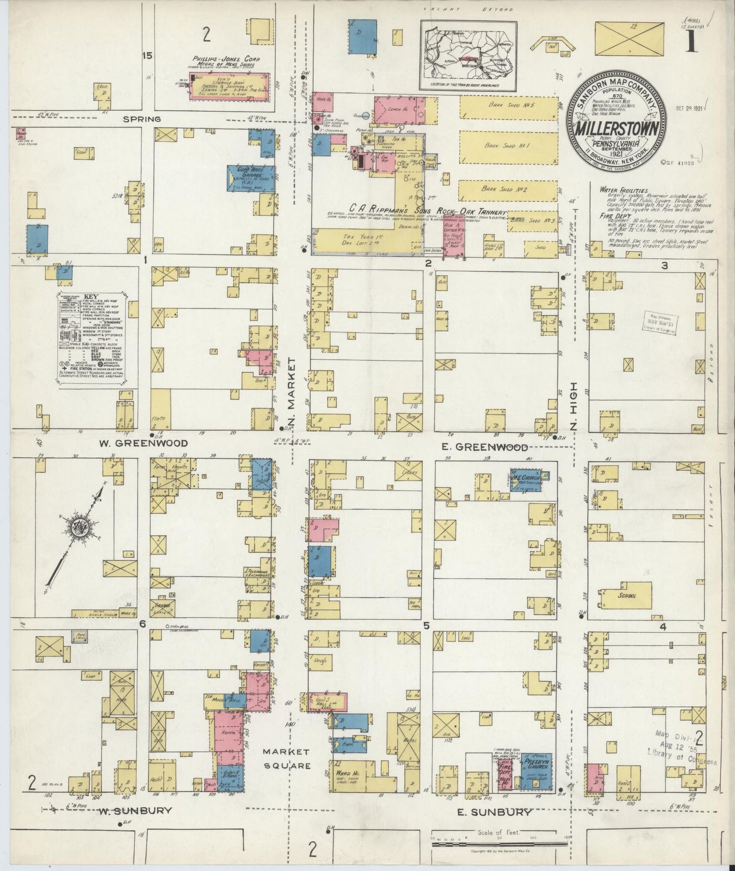 Sanborn Fire Insurance Map from Millerstown, Perry County, Pennsylvania (1921), Sheet #0001 - Historic Sanborn Fire Insurance Map Print, vintage old map wall art, antique decor, genealogy gift, Pennsylvania Pennsylvania map