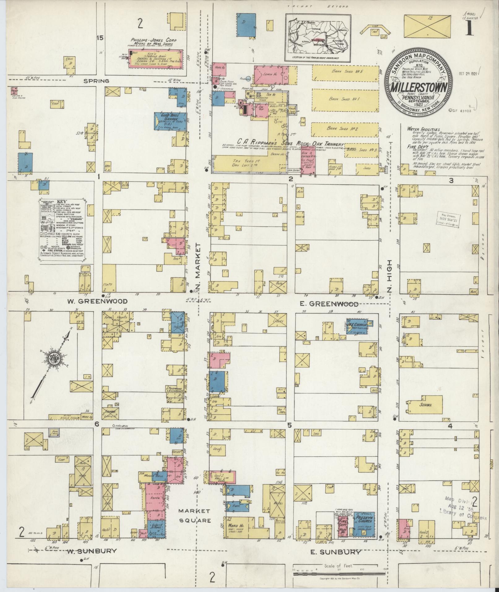 Sanborn Fire Insurance Map from Millerstown, Perry County, Pennsylvania (1921), Sheet #0001 - Historic Sanborn Fire Insurance Map Print, vintage old map wall art, antique decor, genealogy gift, Pennsylvania Pennsylvania map