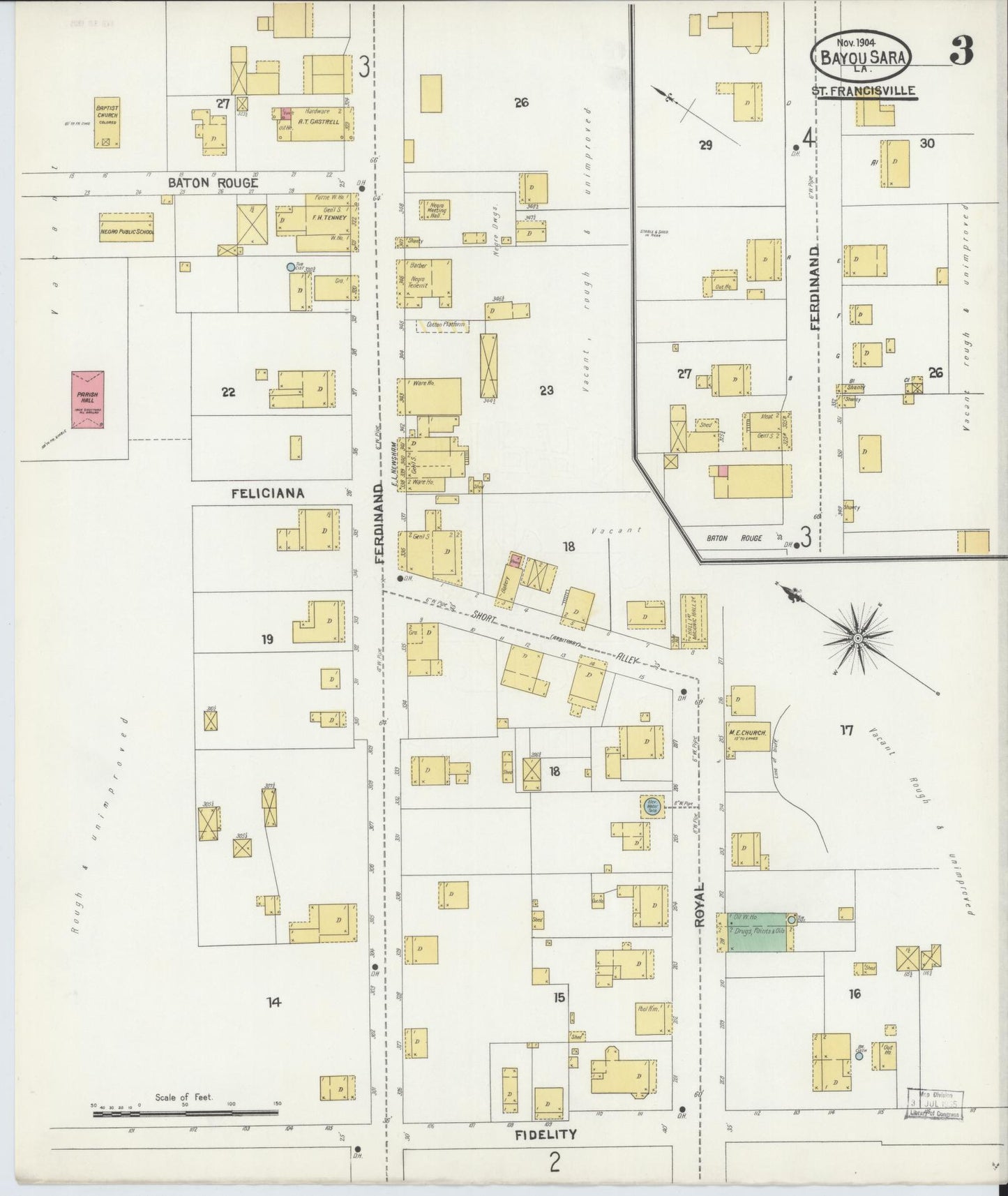 Sanborn Fire Insurance Map from Bayou Sara, West Feliciana Parish, Louisiana (1904), Sheet #0003 - Historic Sanborn Fire Insurance Map Print, vintage old map wall art, antique decor, genealogy gift, Louisiana Louisiana map
