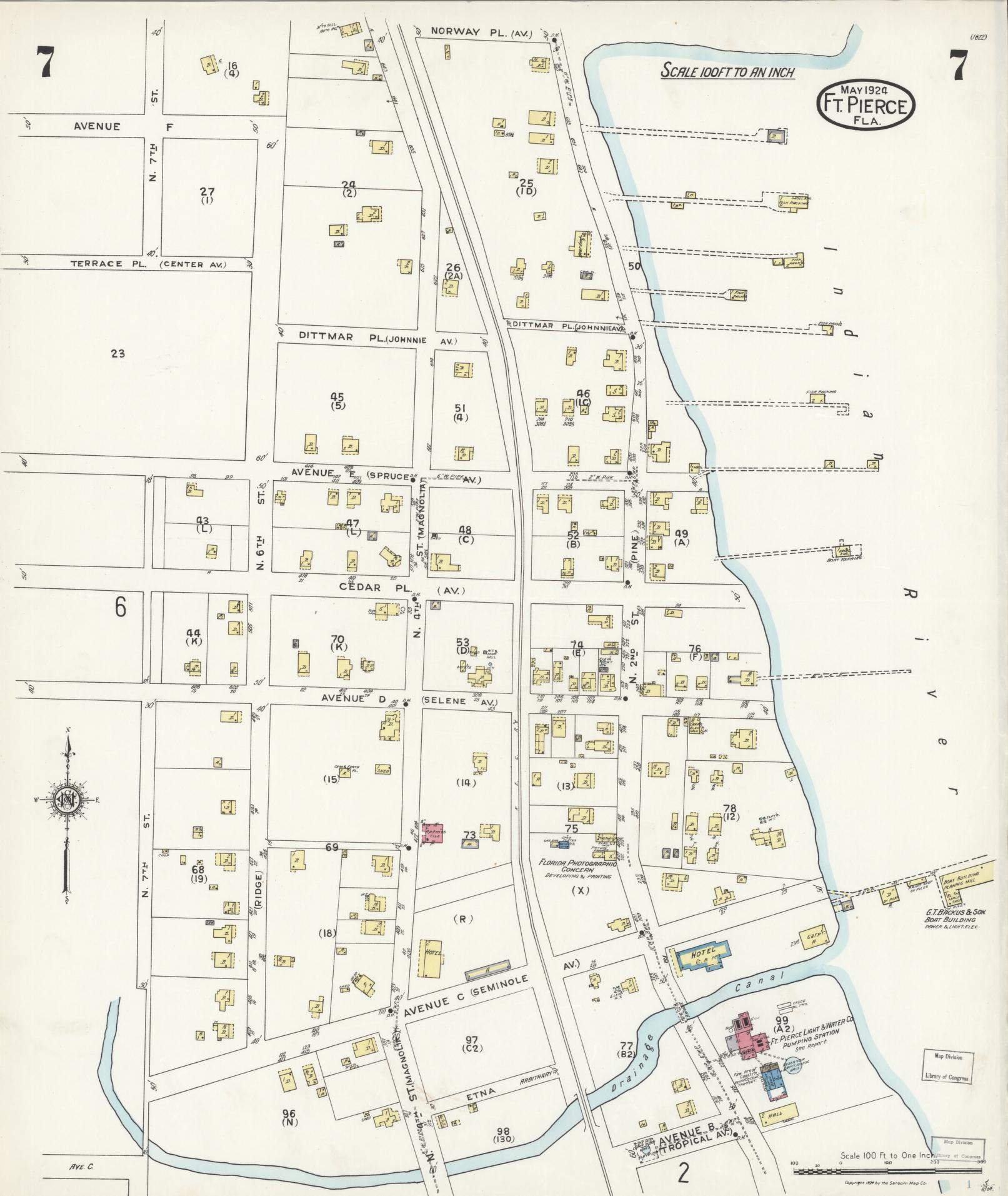 Sanborn Fire Insurance Map from Fort Pierce, St Lucie County, Florida (1924), Sheet #0007 - Historic Sanborn Fire Insurance Map Print, vintage old map wall art, antique decor, genealogy gift, Florida Florida map