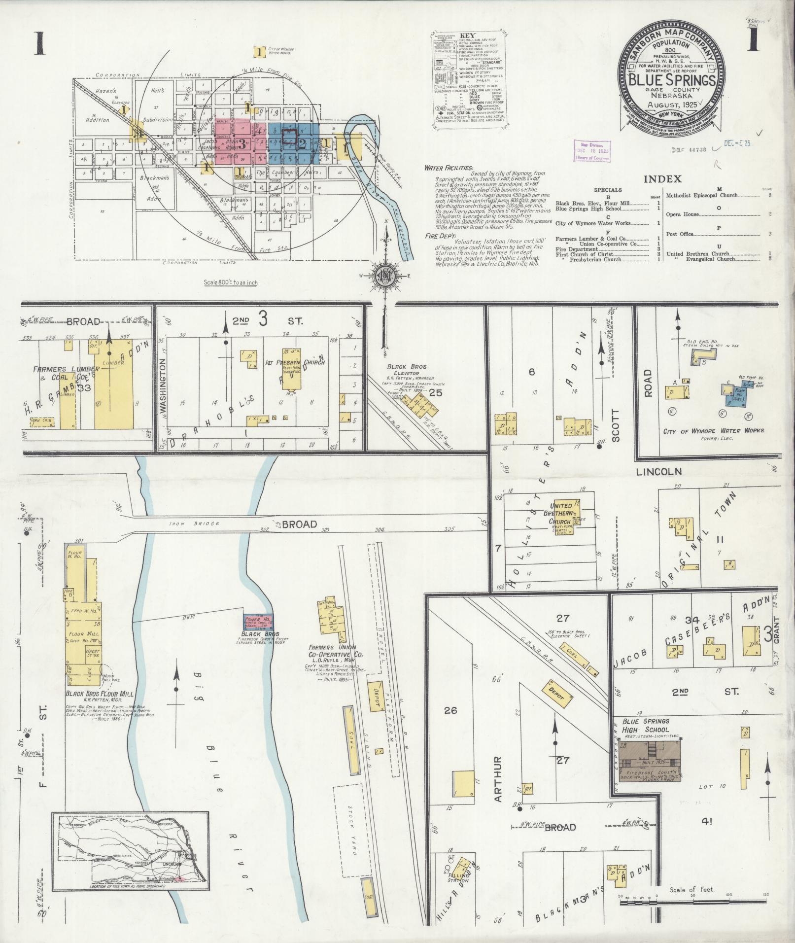 Sanborn Fire Insurance Map from Blue Springs, Gage County, Nebraska (1925), Sheet #0001 - Historic Sanborn Fire Insurance Map Print, vintage old map wall art, antique decor, genealogy gift, Nebraska Nebraska map