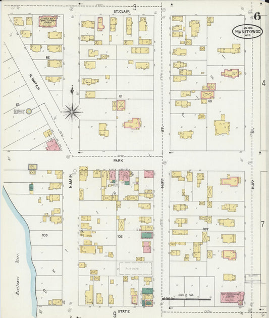 Sanborn Fire Insurance Map from Manitowoc, Manitowoc County, Wisconsin (1906), Sheet #0006 - Historic Sanborn Fire Insurance Map Print, vintage old map wall art, antique decor, genealogy gift, Wisconsin Wisconsin map