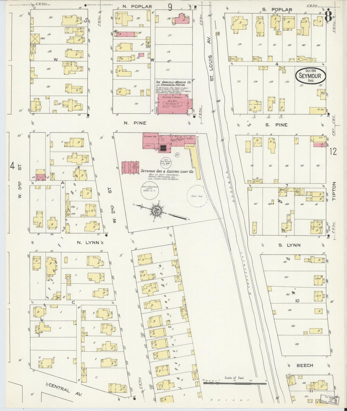 Sanborn Fire Insurance Map from Seymour, Jackson County, Indiana (1913), Sheet #0008 - Complete Map Set gallery image, historic Sanborn map, vintage wall art, Indiana Indiana