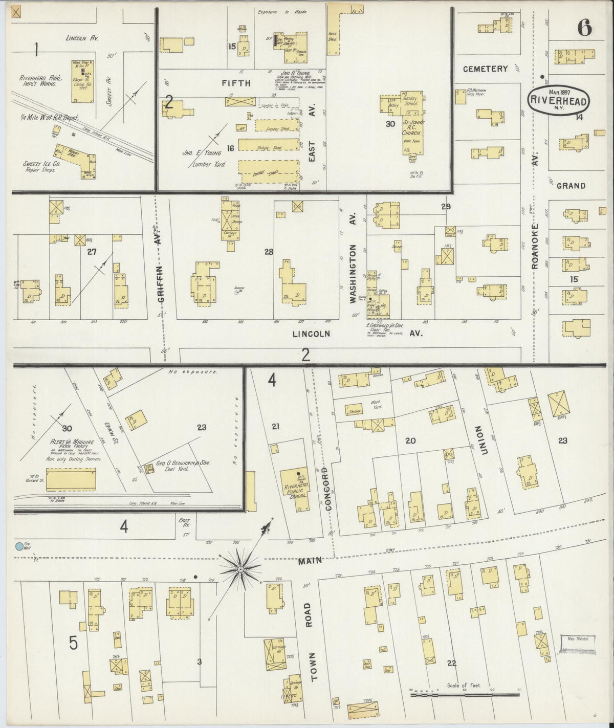 Sanborn Fire Insurance Map from Riverhead, Suffolk County, New York (1897), Sheet #0006 - Historic Sanborn Fire Insurance Map Print, vintage old map wall art, antique decor, genealogy gift, New York New York map