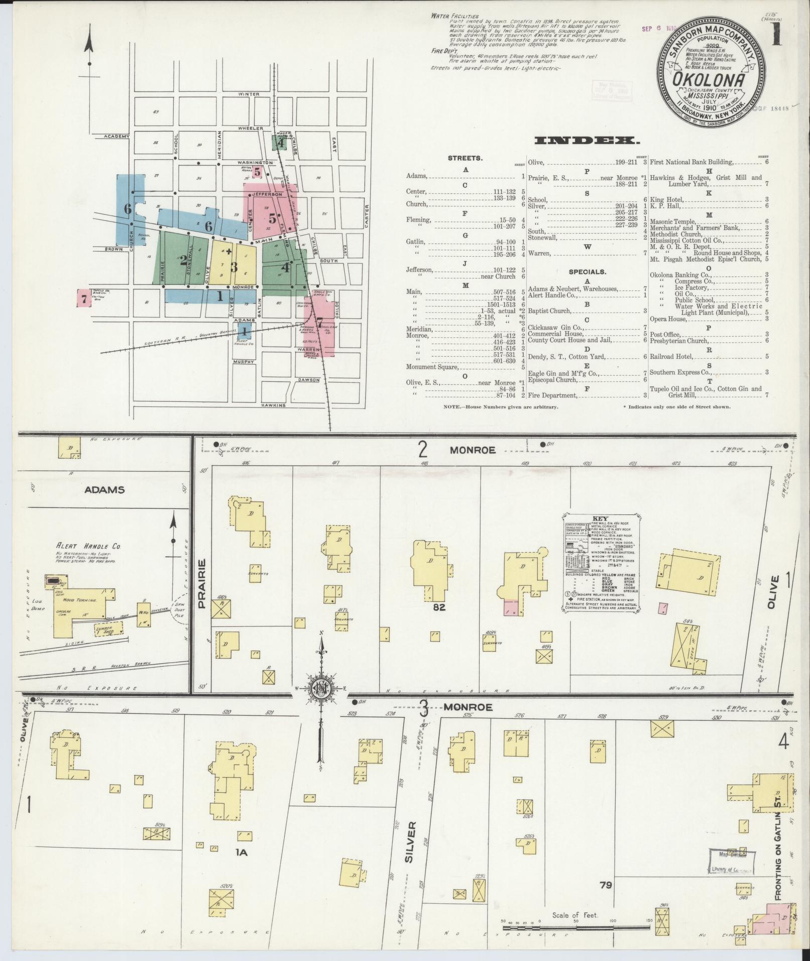 Sanborn Fire Insurance Map from Okolona, Chickasaw County, Mississippi (1910), Sheet #0001 - Historic Sanborn Fire Insurance Map Print, vintage old map wall art, antique decor, genealogy gift, Mississippi Mississippi map