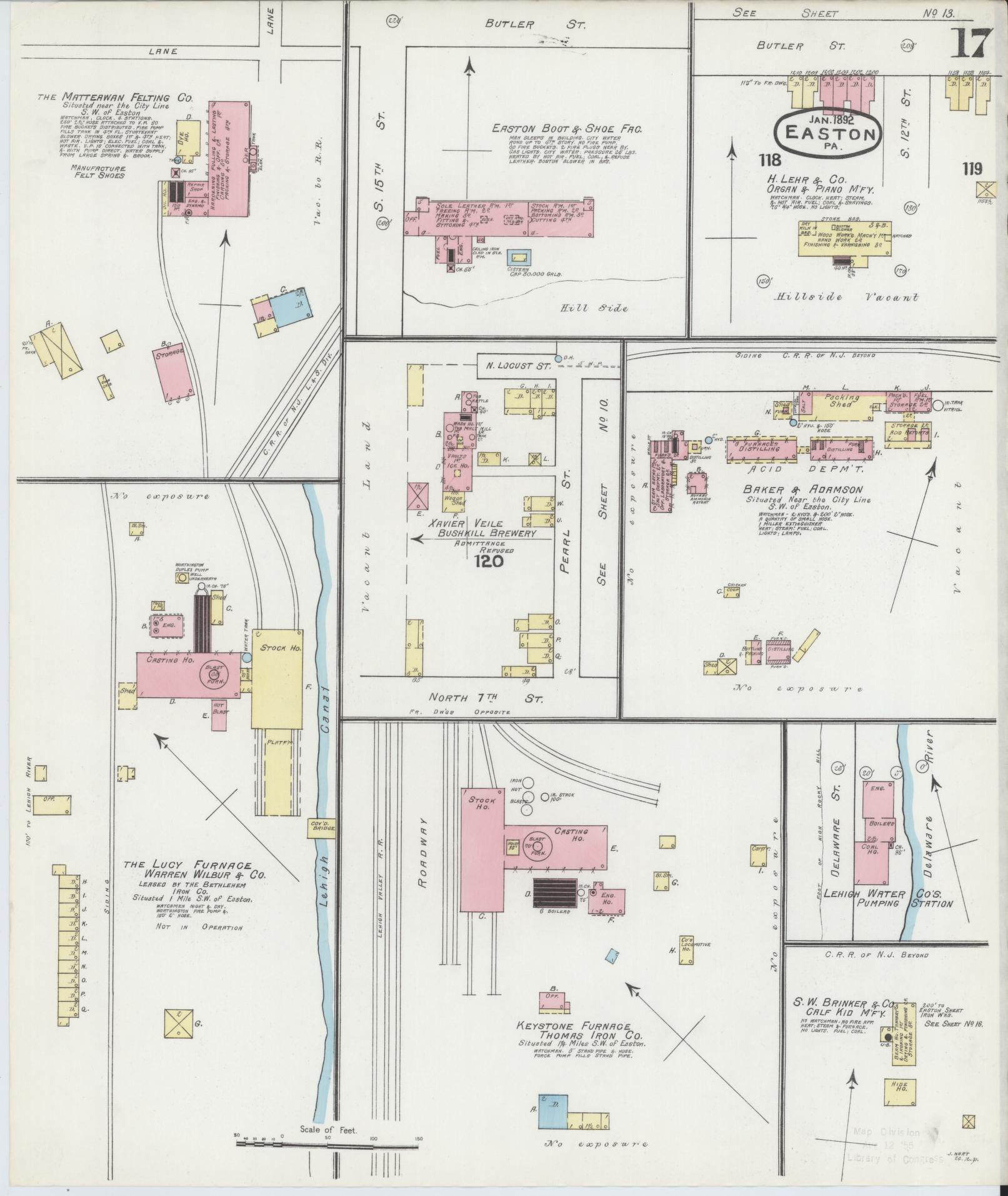 Sanborn Fire Insurance Map from Easton, Northampton County, Pennsylvania (1892), Sheet #0017 - Historic Sanborn Fire Insurance Map Print, vintage old map wall art, antique decor, genealogy gift, Pennsylvania Pennsylvania map