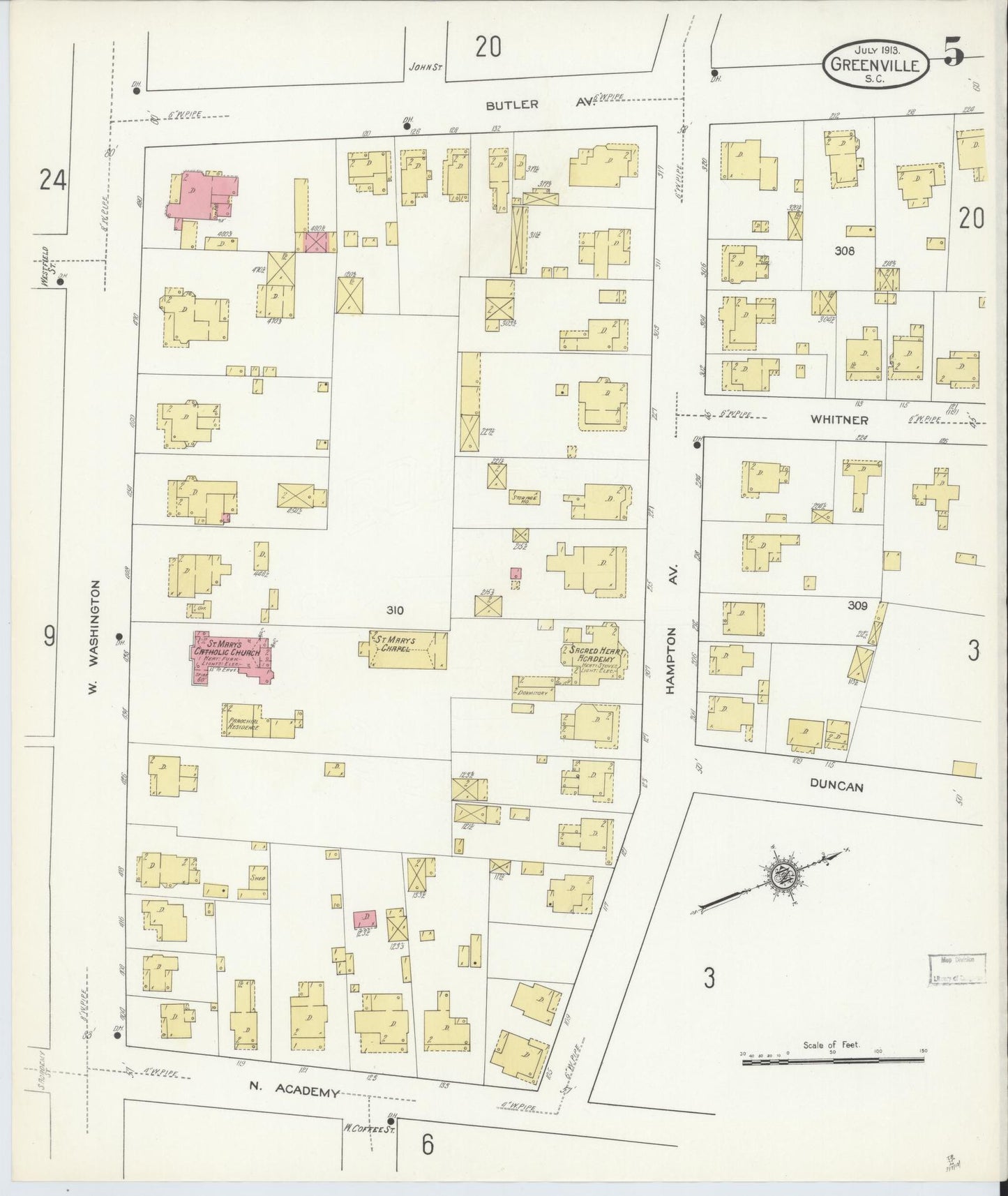 Sanborn Fire Insurance Map from Greenville, Greenville County, South Carolina (1913), Sheet #0005 - Historic Sanborn Fire Insurance Map Print, vintage old map wall art, antique decor, genealogy gift, South Carolina South Carolina map