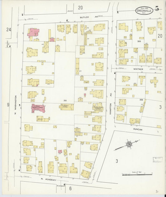 Sanborn Fire Insurance Map from Greenville, Greenville County, South Carolina (1913), Sheet #0005 - Historic Sanborn Fire Insurance Map Print, vintage old map wall art, antique decor, genealogy gift, South Carolina South Carolina map