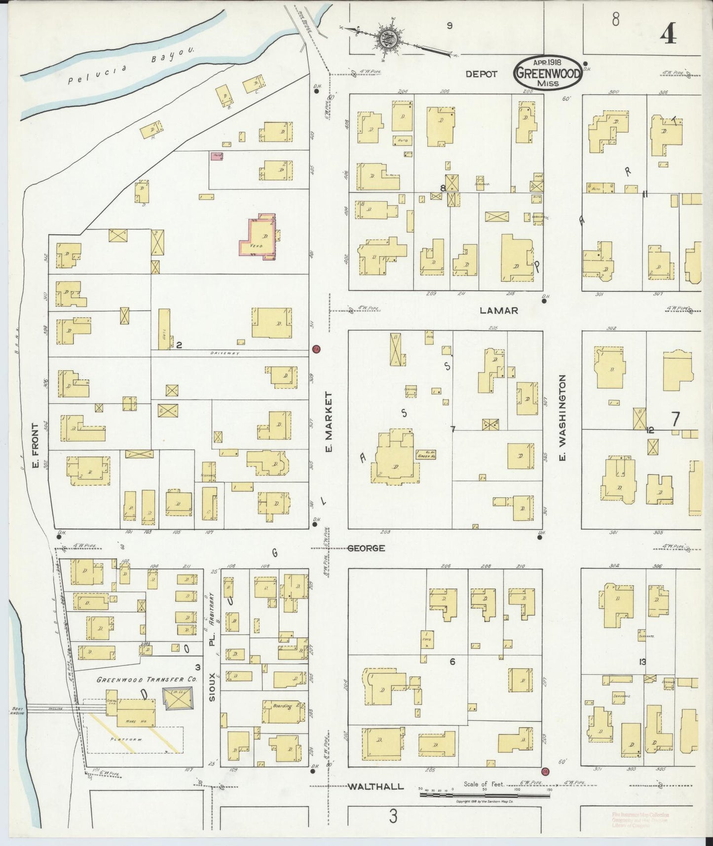 Sanborn Fire Insurance Map from Greenwood, Leflore County, Mississippi (1918), Sheet #0004 - Historic Sanborn Fire Insurance Map Print, vintage old map wall art, antique decor, genealogy gift, Mississippi Mississippi map