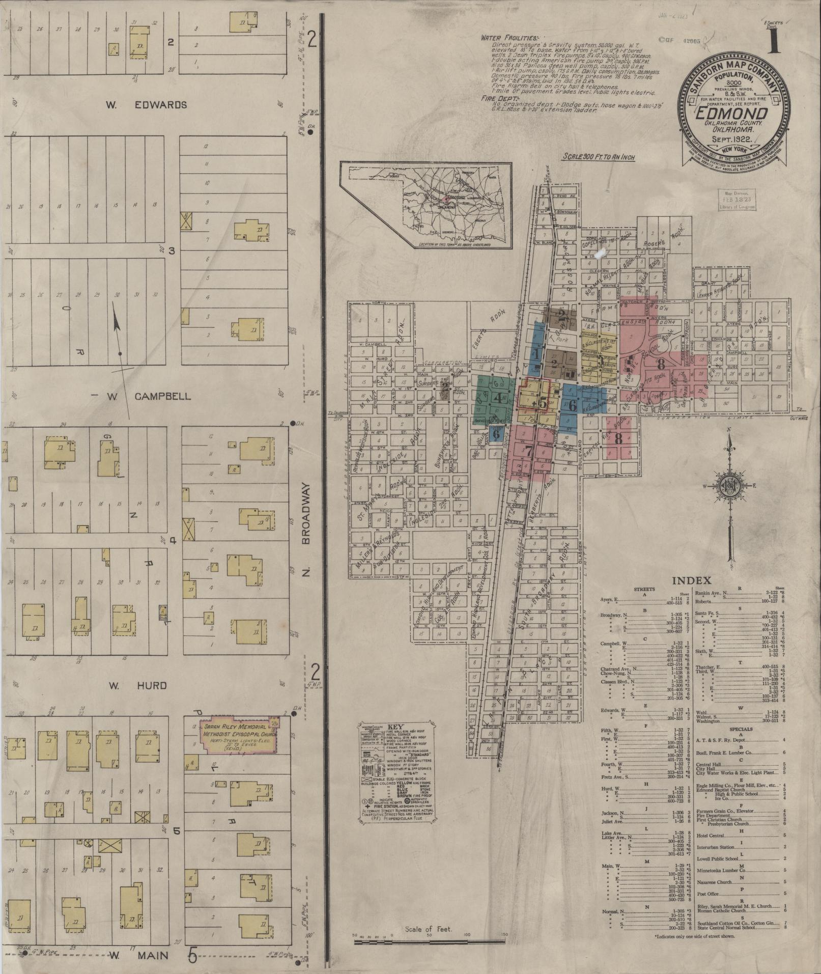 Sanborn Fire Insurance Map from Edmond, Oklahoma County, Oklahoma (1922), Sheet #0001 - Complete Map Set gallery image, historic Sanborn map, vintage wall art, Edmond Oklahoma