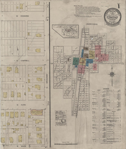 Sanborn Fire Insurance Map from Edmond, Oklahoma County, Oklahoma (1922), Sheet #0001 - Complete Map Set gallery image, historic Sanborn map, vintage wall art, Edmond Oklahoma