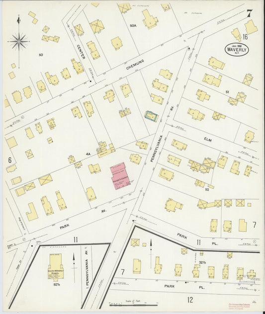 Sanborn Fire Insurance Map from Waverly, Tioga County, New York (1908), Sheet #0007 - Historic Sanborn Fire Insurance Map Print, vintage old map wall art, antique decor, genealogy gift, New York New York map