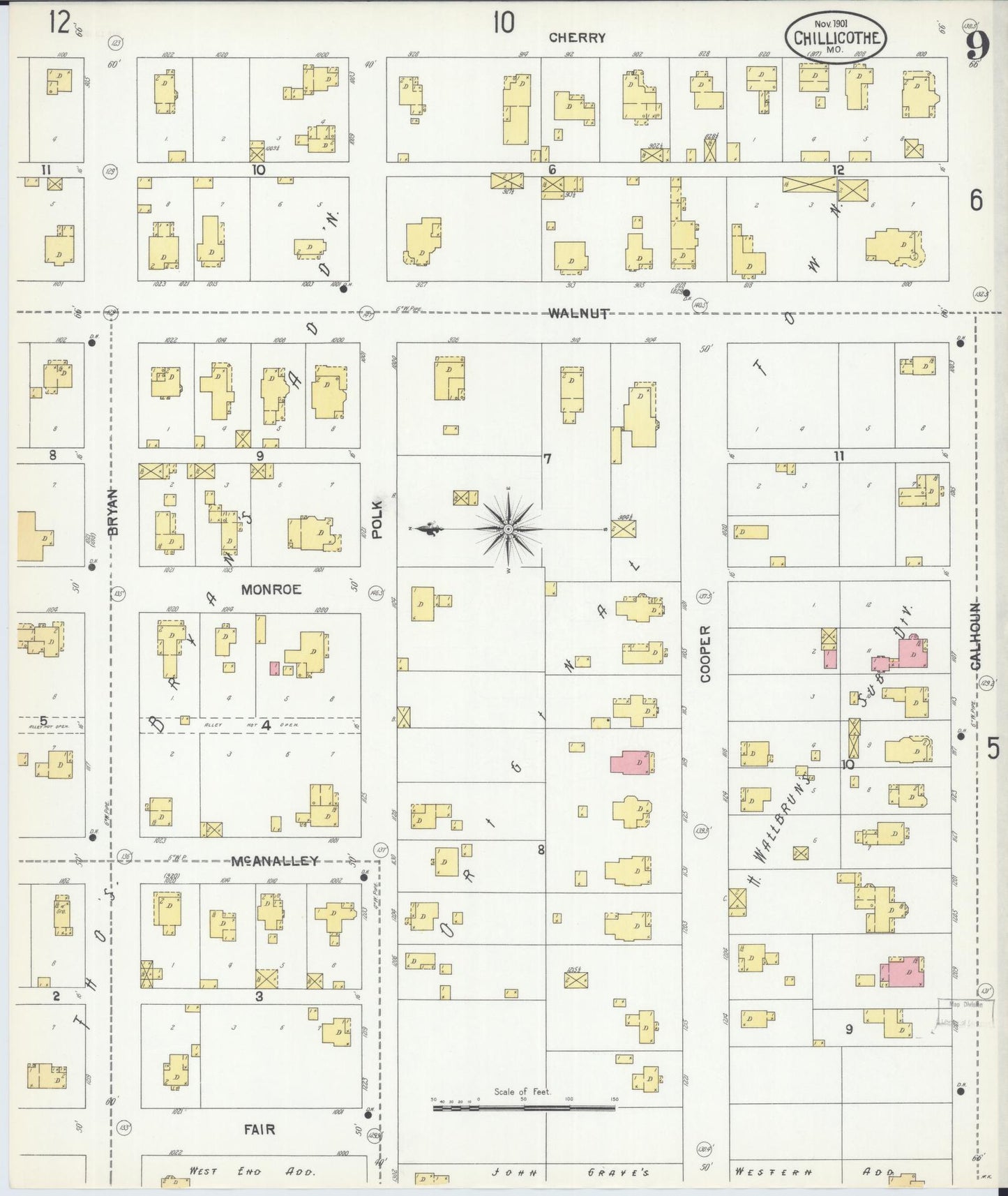 Sanborn Fire Insurance Map from Chillicothe, Livingston County, Missouri (1901), Sheet #0009 - Complete Map Set gallery image, historic Sanborn map, vintage wall art, Missouri Missouri