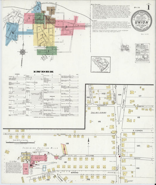 Sanborn Fire Insurance Map from Union, Union County, South Carolina (1917), Sheet #0001 - Historic Sanborn Fire Insurance Map Print, vintage old map wall art, antique decor, genealogy gift, South Carolina South Carolina map