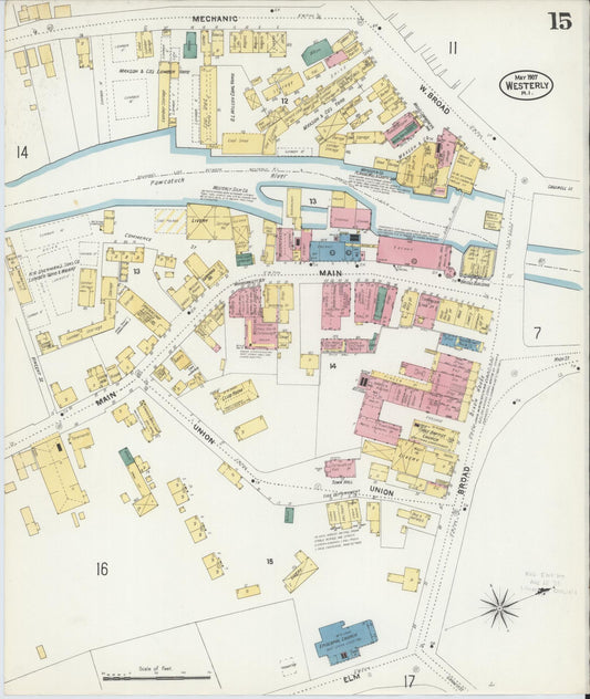 Sanborn Fire Insurance Map from Westerly, Washington County, Rhode Island (1907), Sheet #0015 - Historic Sanborn Fire Insurance Map Print, vintage old map wall art, antique decor, genealogy gift, Rhode Island Rhode Island map