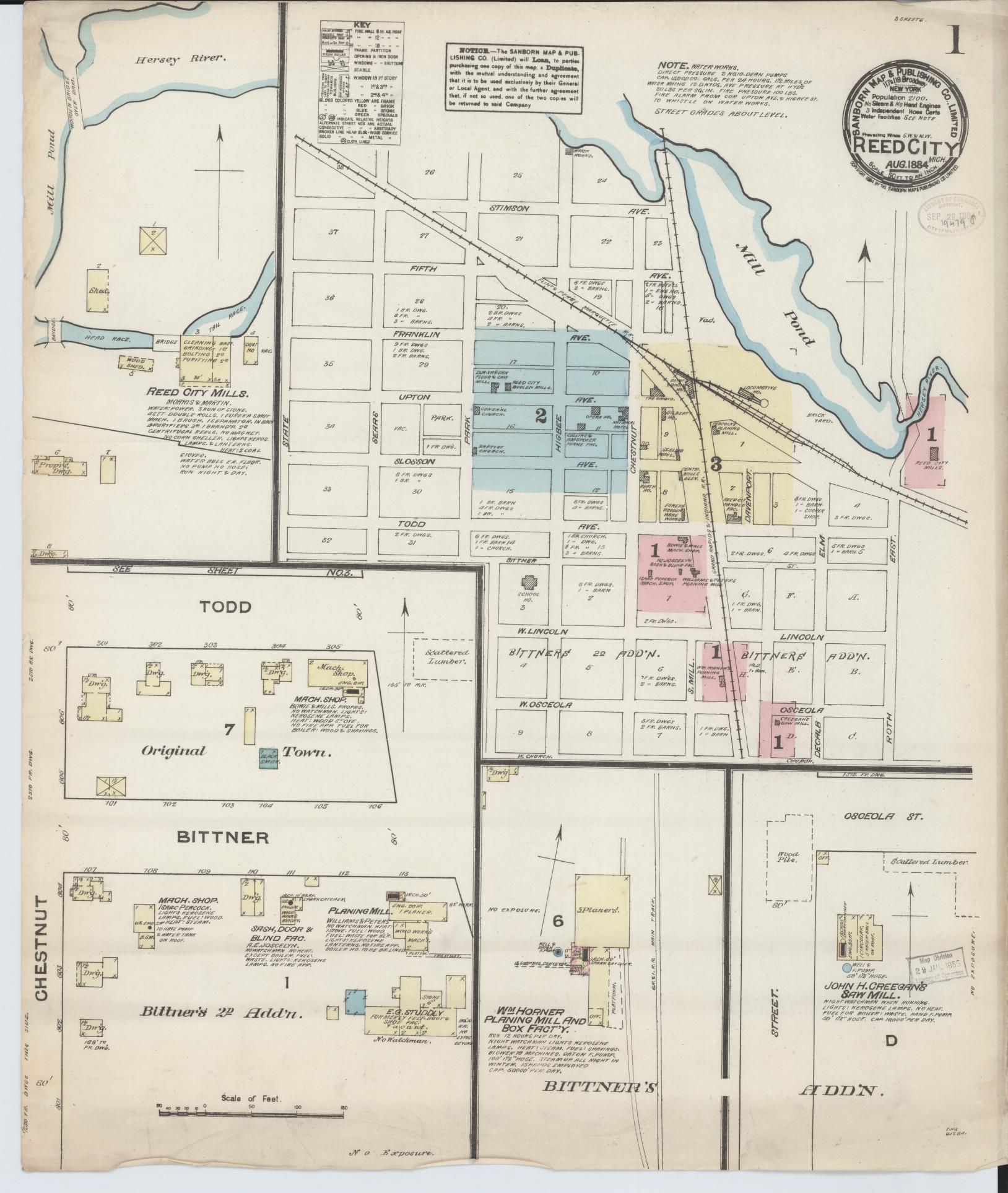 Sanborn Fire Insurance Map from Reed City, Osceola County, Michigan (1884), Sheet #0001 - Complete Map Set gallery image, historic Sanborn map, vintage wall art, Michigan Michigan