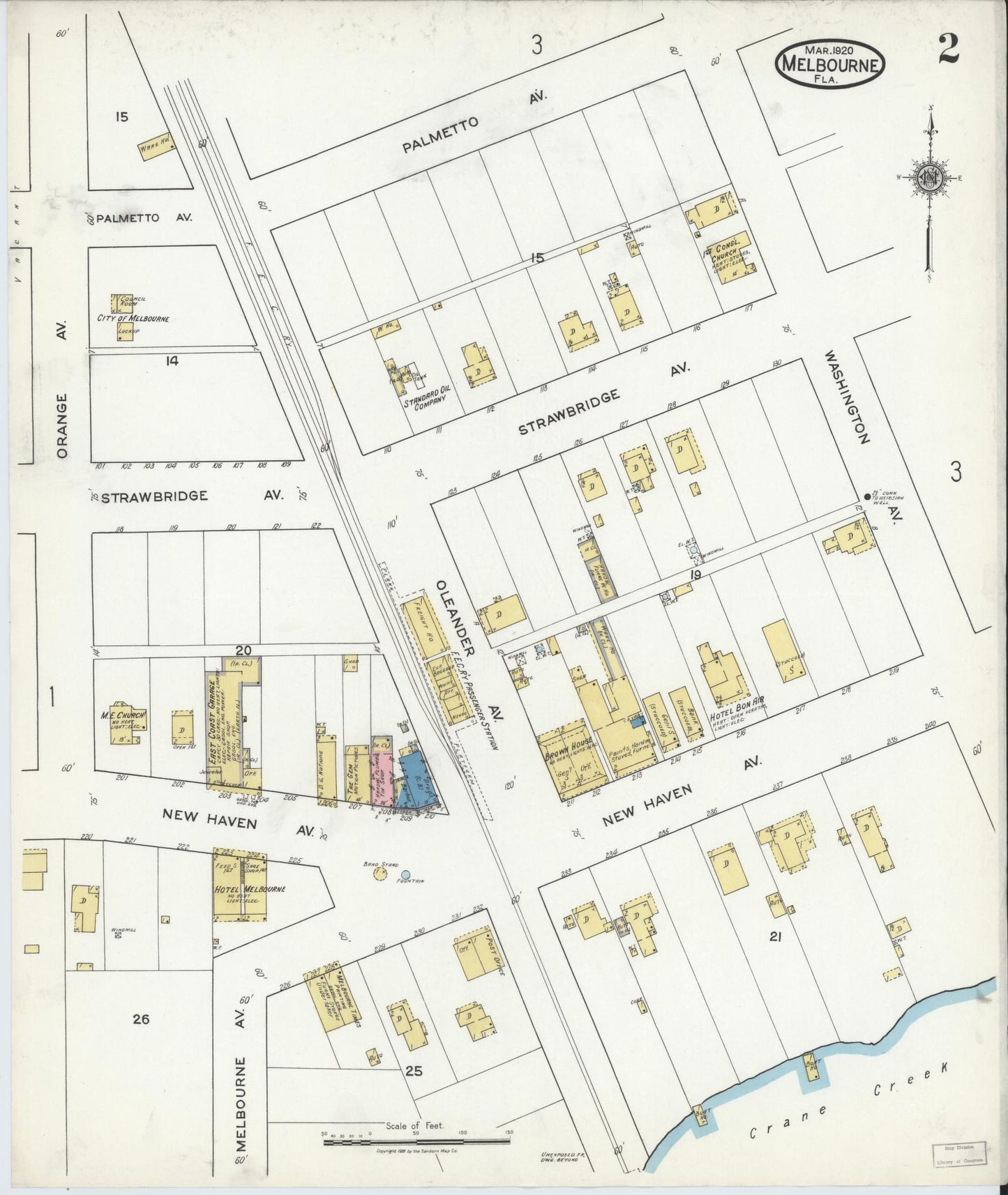 Sanborn Fire Insurance Map from Melbourne, Brevard County, Florida (1920), Sheet #0002 - Historic Sanborn Fire Insurance Map Print, vintage old map wall art, antique decor, genealogy gift, Florida Florida map