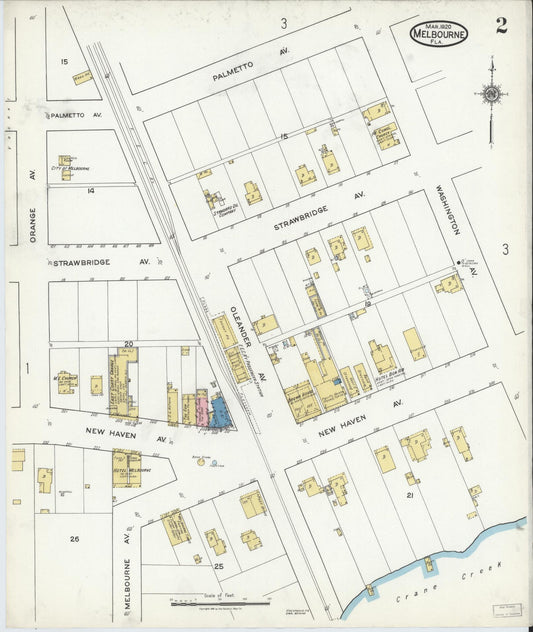 Sanborn Fire Insurance Map from Melbourne, Brevard County, Florida (1920), Sheet #0002 - Historic Sanborn Fire Insurance Map Print, vintage old map wall art, antique decor, genealogy gift, Florida Florida map