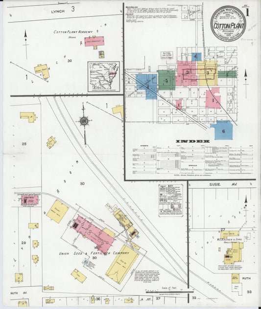 Sanborn Fire Insurance Map from Cotton Plant, Woodruff County, Arkansas (1919), Sheet #0001 - Historic Sanborn Fire Insurance Map Print, vintage old map wall art, antique decor, genealogy gift, Arkansas Arkansas map