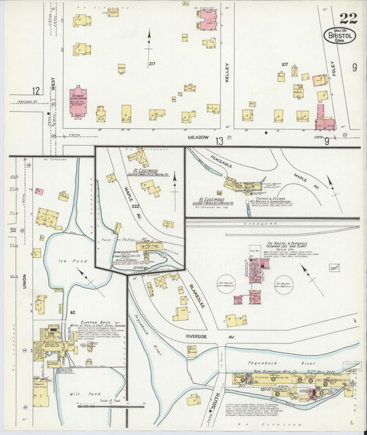 Sanborn Fire Insurance Map from Bristol, Hartford County, Connecticut (1911), Sheet #0022 - Historic Sanborn Fire Insurance Map Print, vintage old map wall art, antique decor, genealogy gift, Connecticut Connecticut map