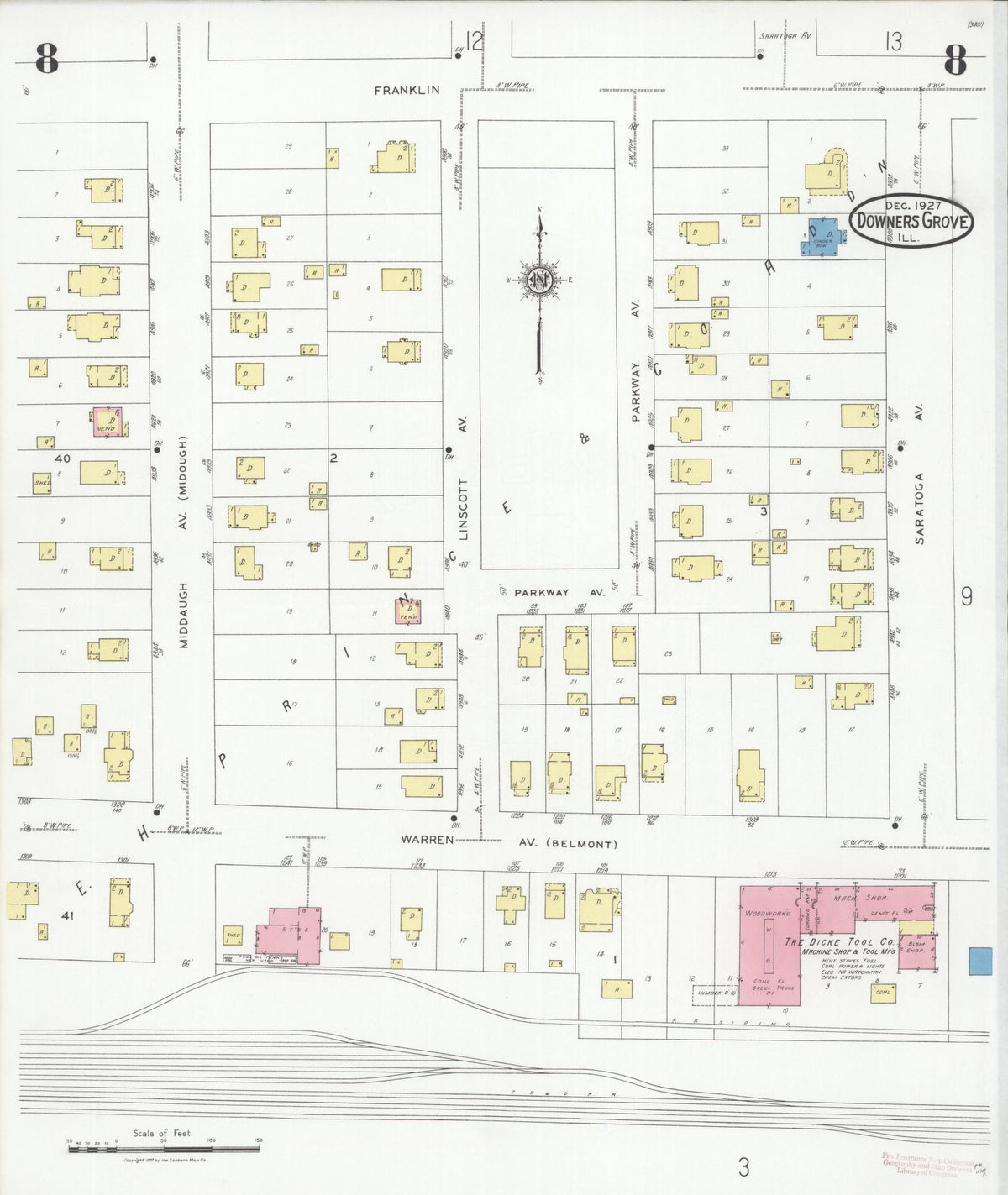 Sanborn Fire Insurance Map from Downers Grove, Dupage County, Illinois (1927), Sheet #0008 - Complete Map Set gallery image, historic Sanborn map, vintage wall art, Illinois Illinois