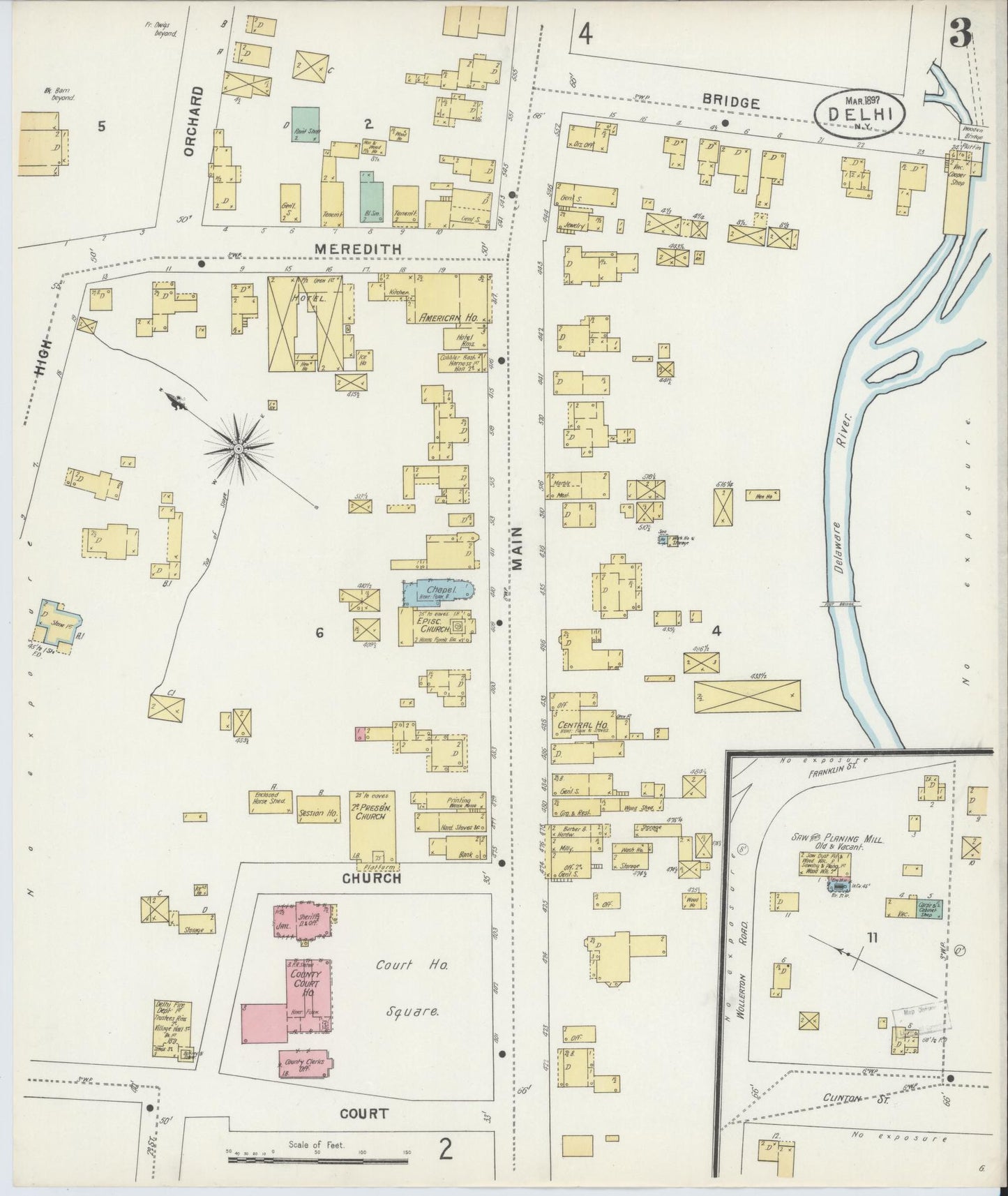 Sanborn Fire Insurance Map from Delhi, Delaware County, New York (1897), Sheet #0003 - Historic Sanborn Fire Insurance Map Print, vintage old map wall art, antique decor, genealogy gift, Delhi Delaware map