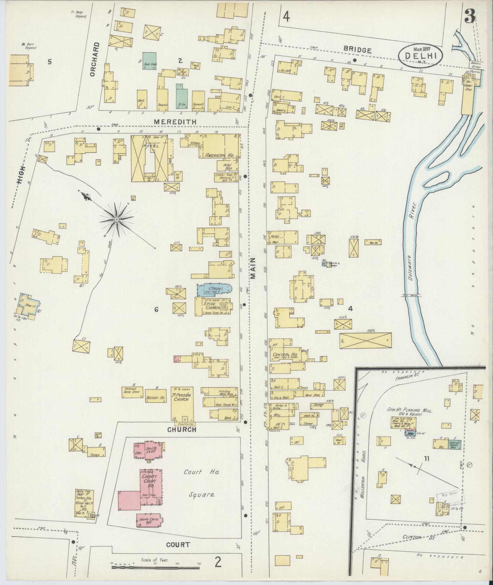 Sanborn Fire Insurance Map from Delhi, Delaware County, New York (1897), Sheet #0003 - Historic Sanborn Fire Insurance Map Print, vintage old map wall art, antique decor, genealogy gift, Delhi Delaware map