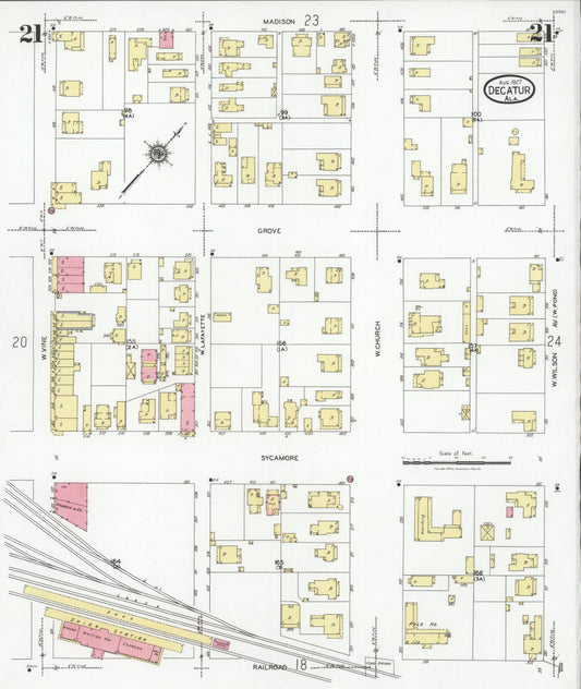 Sanborn Fire Insurance Map from Decatur, Morgan County, Alabama (1927), Sheet #0021 - Historic Sanborn Fire Insurance Map Print, vintage old map wall art, antique decor, genealogy gift, Alabama Alabama map