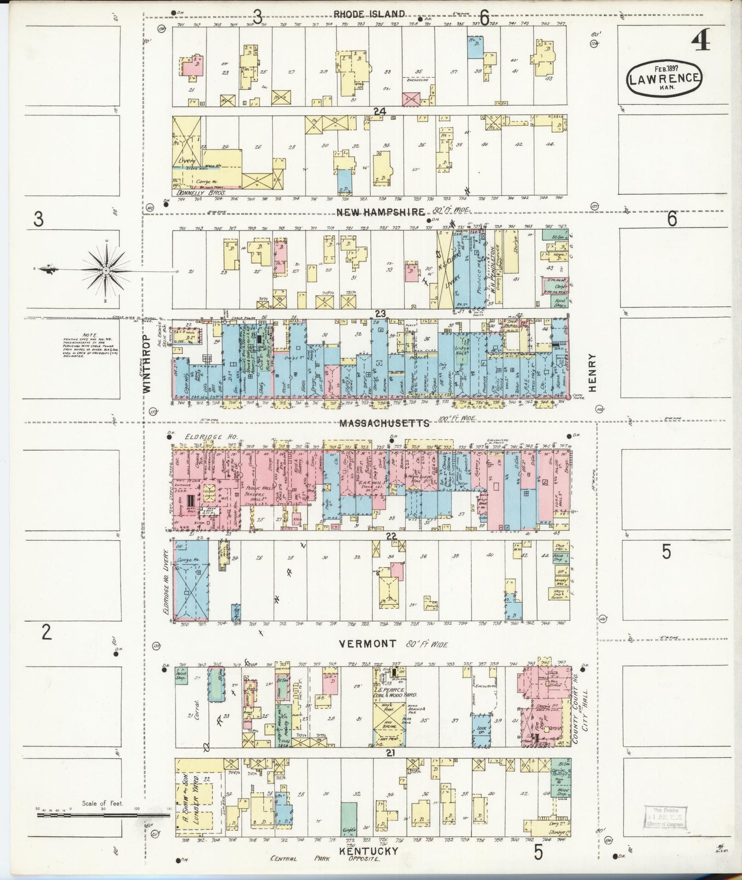 Sanborn Fire Insurance Map from Lawrence, Douglas County, Kansas (1897), Sheet #0004 - Complete Map Set gallery image, historic Sanborn map, vintage wall art, Kansas Kansas