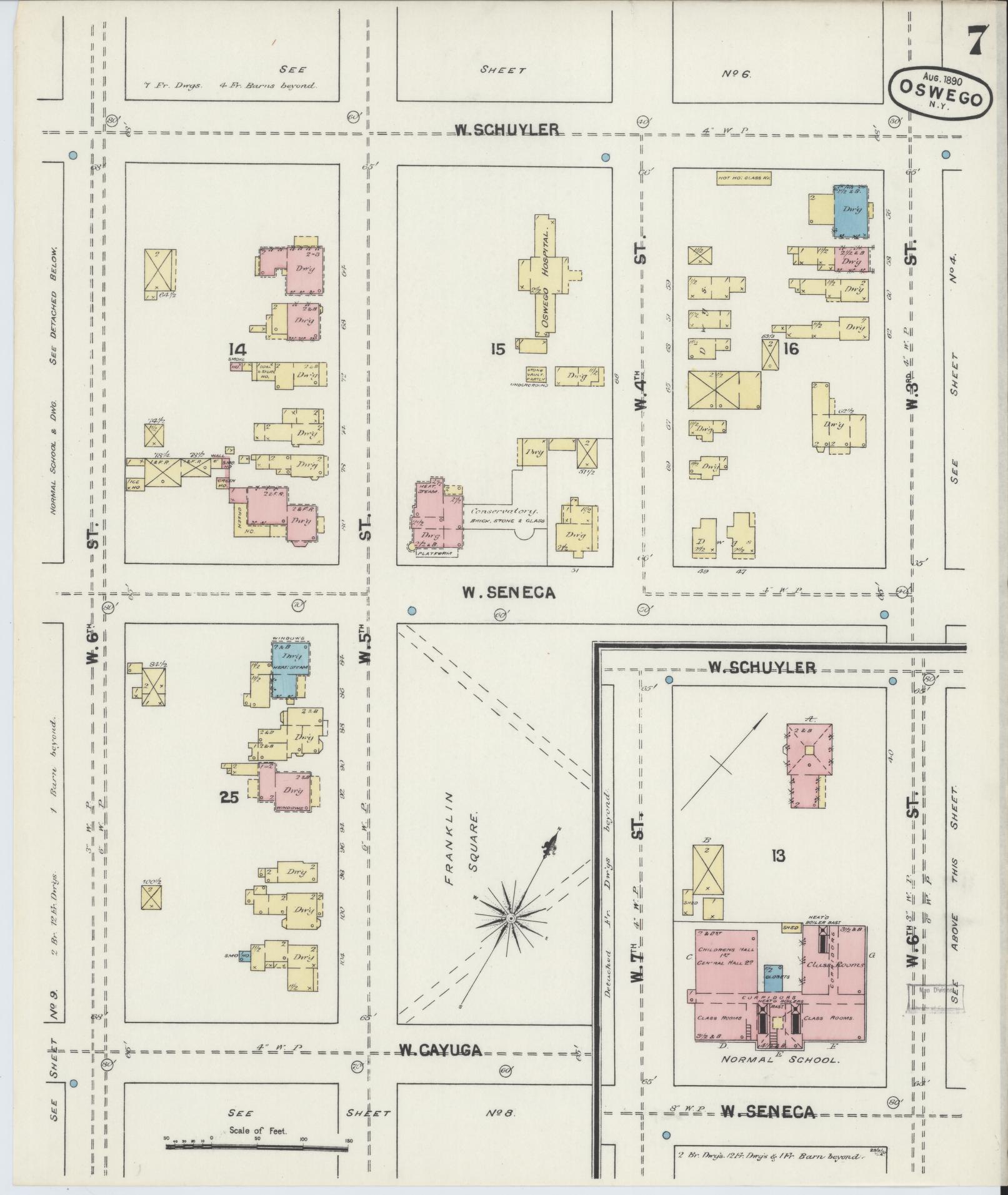 Sanborn Fire Insurance Map from Oswego, Oswego County, New York (1890), Sheet #0007 - Historic Sanborn Fire Insurance Map Print, vintage old map wall art, antique decor, genealogy gift, New York New York map