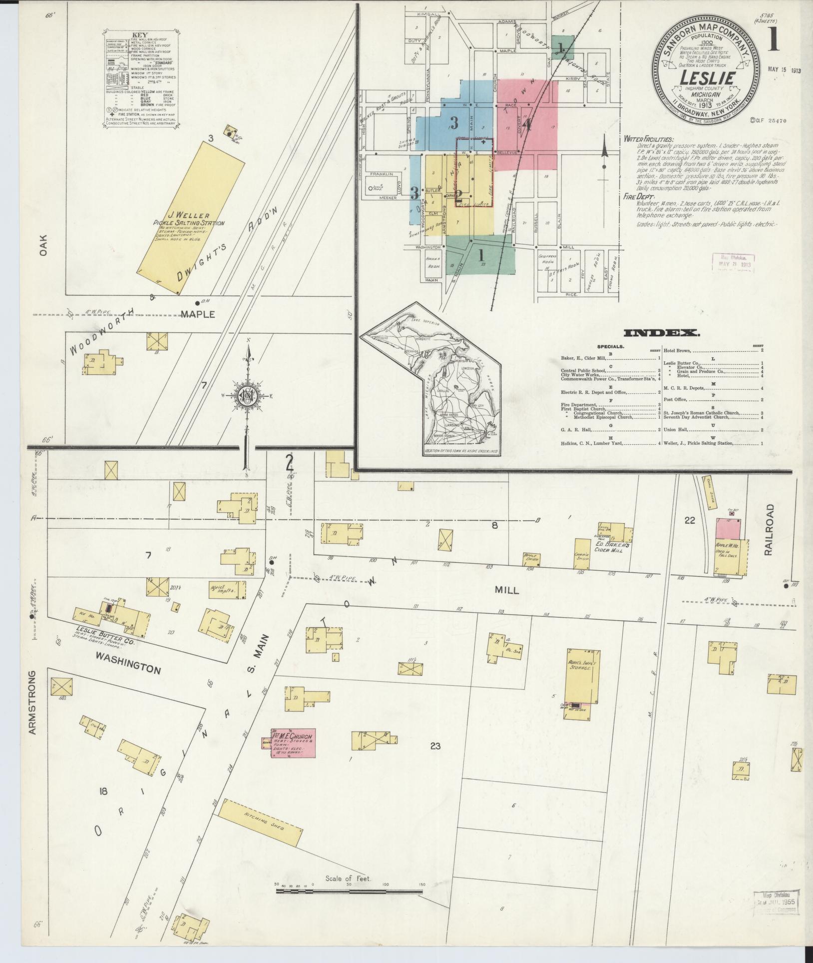 Sanborn Fire Insurance Map from Leslie, Ingham County, Michigan (1913), Sheet #0001 - Complete Map Set gallery image, historic Sanborn map, vintage wall art, Michigan Michigan