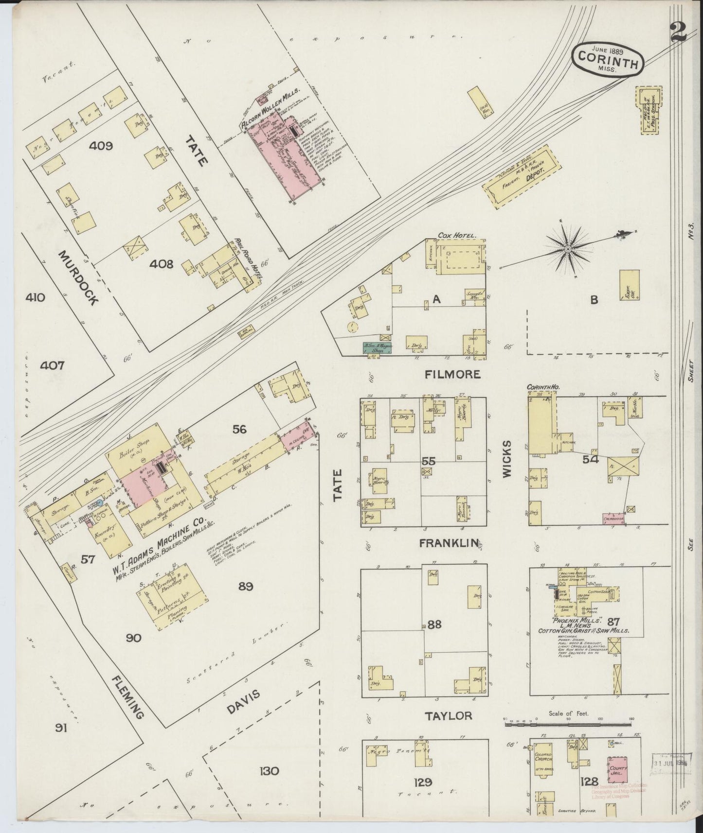 Sanborn Fire Insurance Map from Corinth, Alcorn County, Mississippi (1889), Sheet #0002 - Historic Sanborn Fire Insurance Map Print, vintage old map wall art, antique decor, genealogy gift, Mississippi Mississippi map