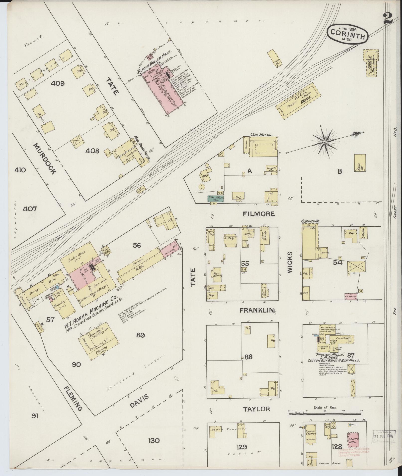 Sanborn Fire Insurance Map from Corinth, Alcorn County, Mississippi (1889), Sheet #0002 - Historic Sanborn Fire Insurance Map Print, vintage old map wall art, antique decor, genealogy gift, Mississippi Mississippi map