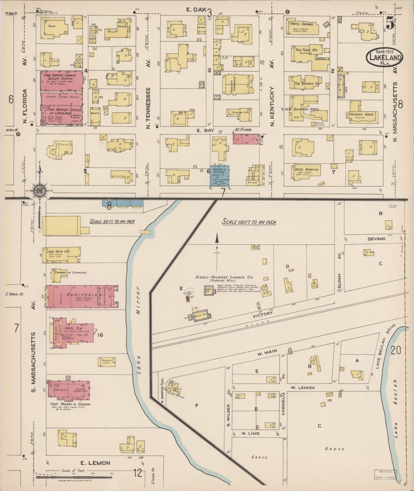 Sanborn Fire Insurance Map from Lakeland, Polk County, Florida (1922), Sheet #0005 - Complete Map Set gallery image, historic Sanborn map, vintage wall art, Florida Florida